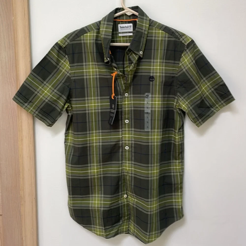 Timberland Shirt Green White Plaid Short Sleeve Button Up Mens Small